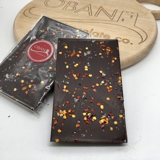 70% dark chocolate with flaked chilli and sea salt